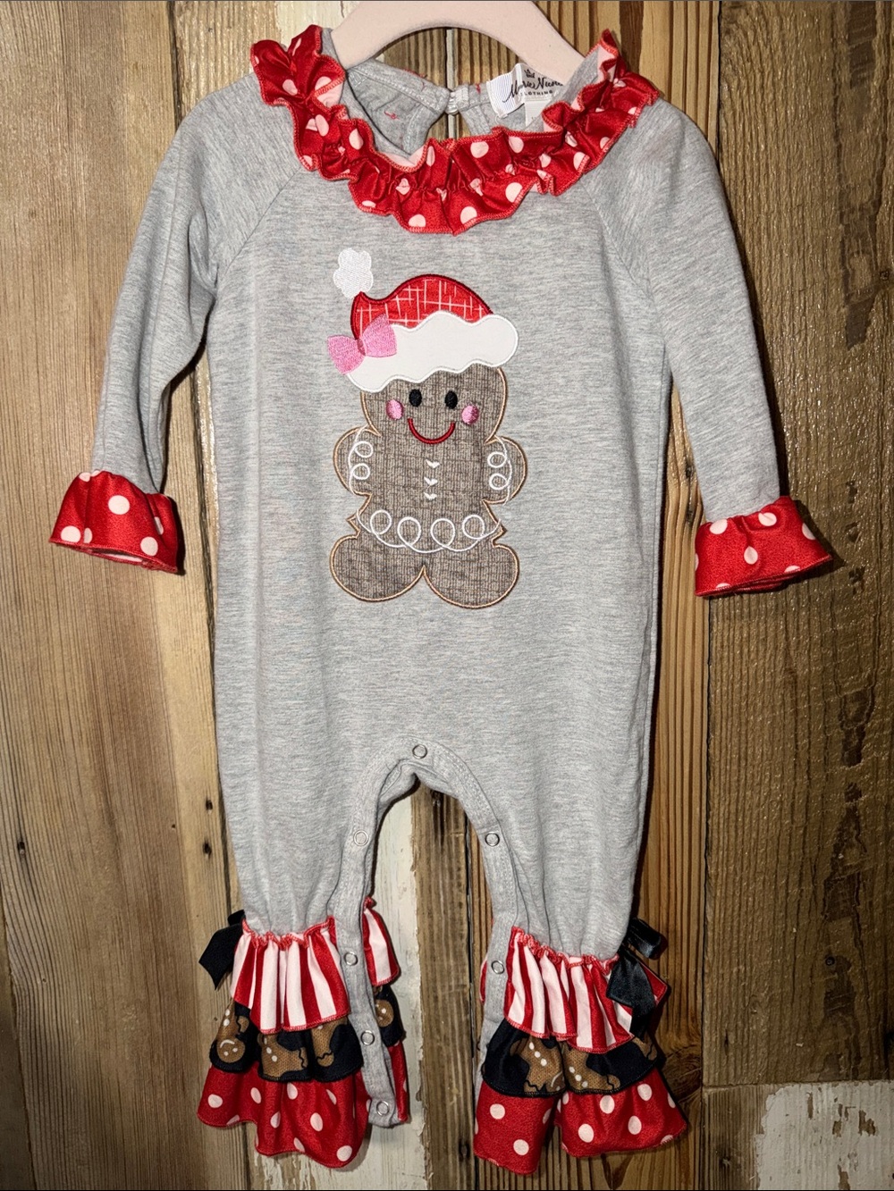 Marie Nicole Clothing Holiday Gingerbread Ruffle One-Piece Romper - Red & Gray